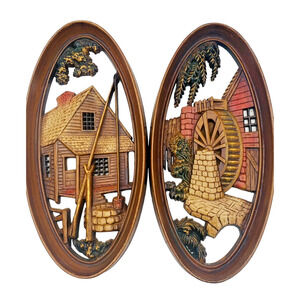 2 Vintage MCM Burwood Oval Wall Hangings USA Water Wheel and Wishing Well